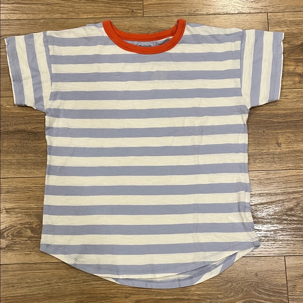 Madewell Kids Blue and White Striped Tee with Orange Collar